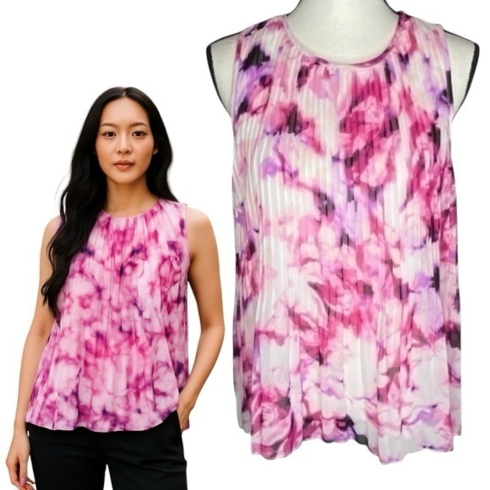 Apt 9 Tank Blouse Top Pink Purple White Floral Print Pleated Size M‎